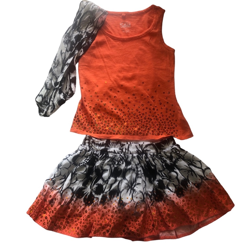 Justice Tropical Top Sequins Skirt circle Scarf Set Outfit